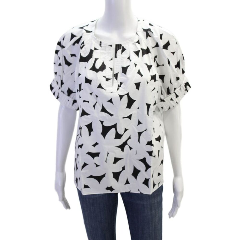 Tyler Boe Womens Cotton Floral Y-Neck Short Sleeve Blouse White Size M